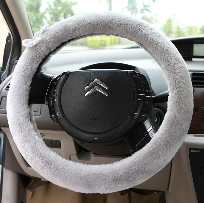 Bud Silk Bowknot Car Steering Wheel Cover Velvet 15 Inch 38CM - Grey