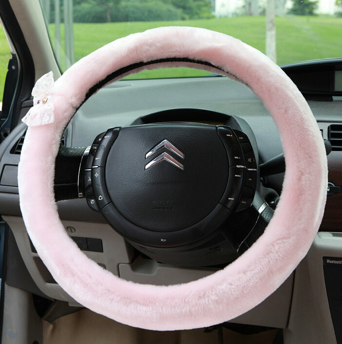 Bud Silk Bowknot Car Steering Wheel Cover Velvet 15 Inch 38CM - Pink