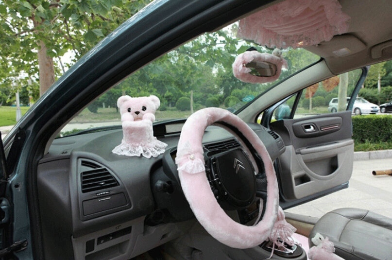 Bud Silk Bowknot Car Steering Wheel Cover Velvet 15 Inch 38CM - Pink