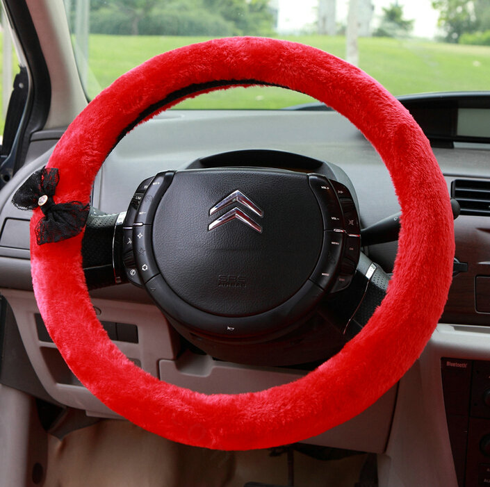 Bud Silk Bowknot Car Steering Wheel Cover Velvet 15 Inch 38CM - Red