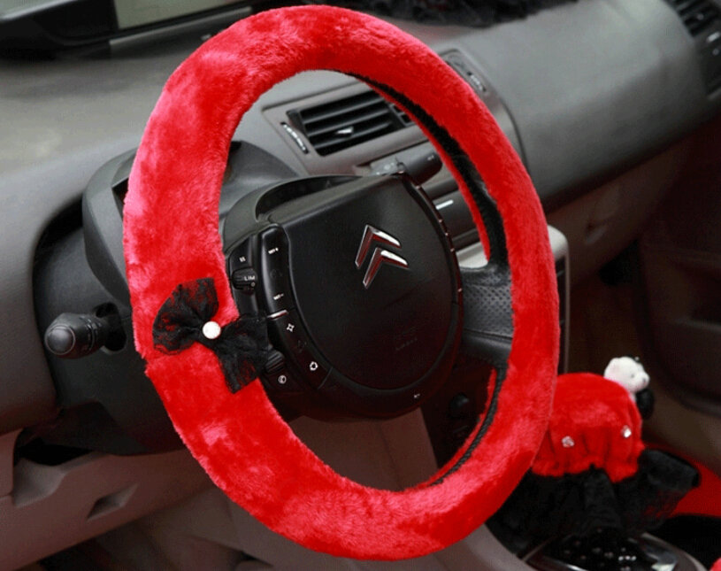 Bud Silk Bowknot Car Steering Wheel Cover Velvet 15 Inch 38CM - Red