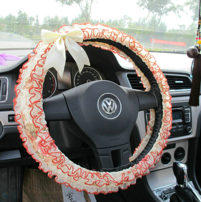 Bud Silk Bowknot Lace Car Steering Wheel Cover Fiber Cloth 15 Inch 38CM - Beige