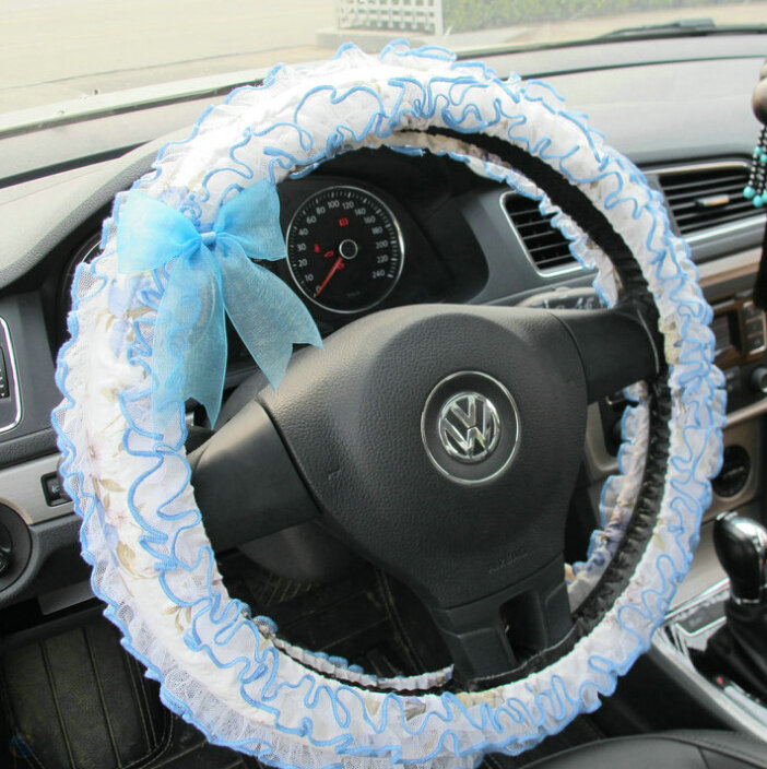 Bud Silk Bowknot Lace Car Steering Wheel Cover Fiber Cloth 15 Inch 38CM - Blue