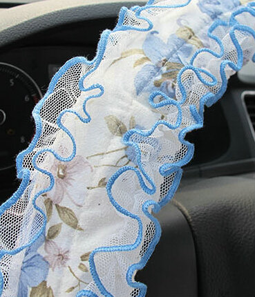 Bud Silk Bowknot Lace Car Steering Wheel Cover Fiber Cloth 15 Inch 38CM - Blue
