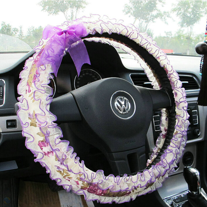 Bud Silk Bowknot Lace Car Steering Wheel Cover Fiber Cloth 15 Inch 38CM - Purple