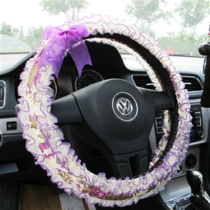 Bud Silk Bowknot Lace Car Steering Wheel Cover Fiber Cloth 15 Inch 38CM - Purple