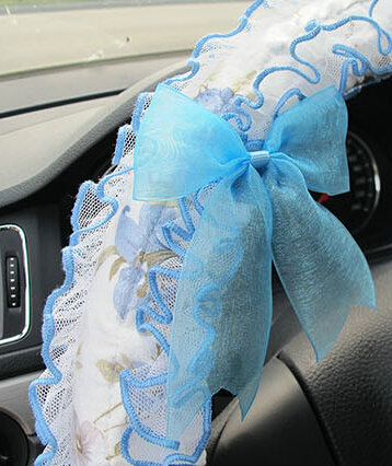 Bud Silk Bowknot Lace Car Steering Wheel Cover Fiber Cloth 15 Inch 38CM - Red