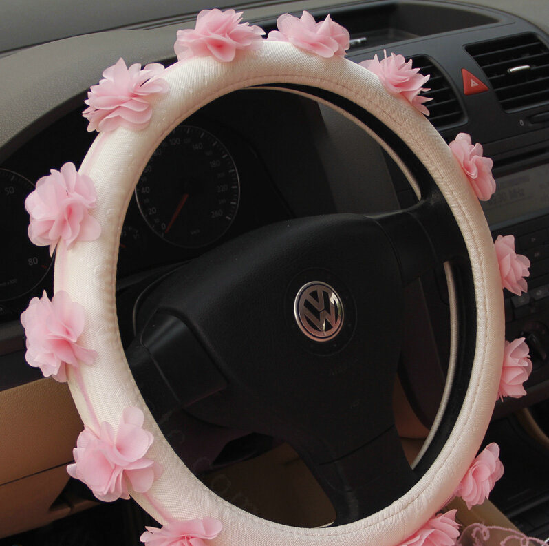 Bud Silk Flower Car Steering Wheel Cover Fiber Cloth 15 Inch 38CM - Pink