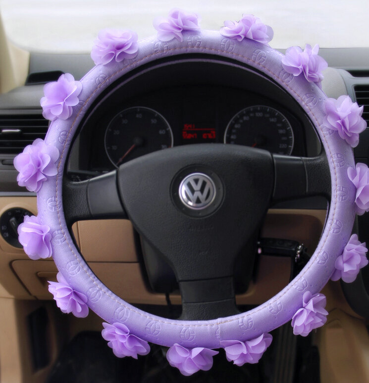 Bud Silk Flower Car Steering Wheel Cover Fiber Cloth 15 Inch 38CM - Purple