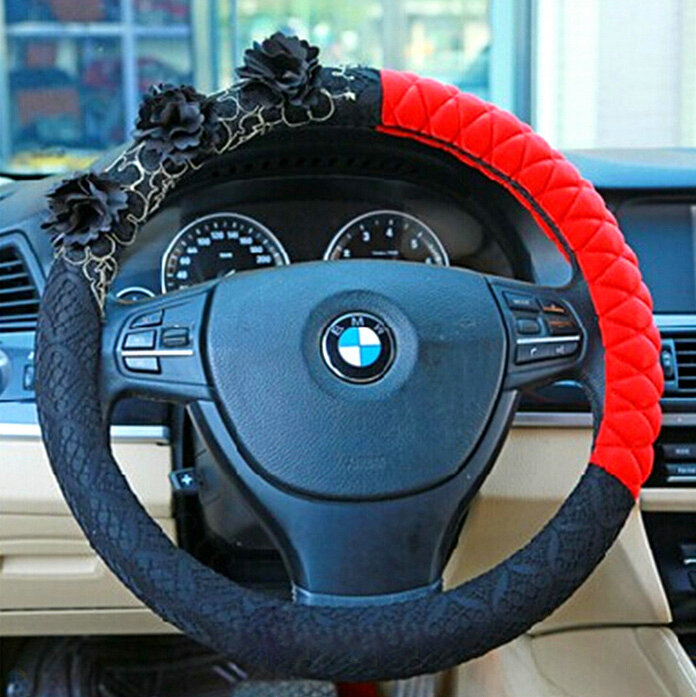 Camellia Car Steering Wheel Cover Bud Silk Fiber Cloth 15 Inch 38CM - Black