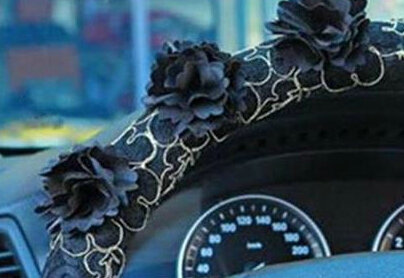 Camellia Car Steering Wheel Cover Bud Silk Fiber Cloth 15 Inch 38CM - Black
