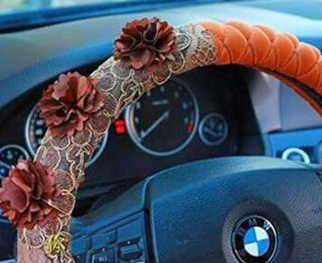 Camellia Car Steering Wheel Cover Bud Silk Fiber Cloth 15 Inch 38CM - Coffee