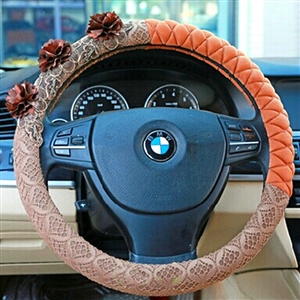 Camellia Car Steering Wheel Cover Bud Silk Fiber Cloth 15 Inch 38CM - Coffee