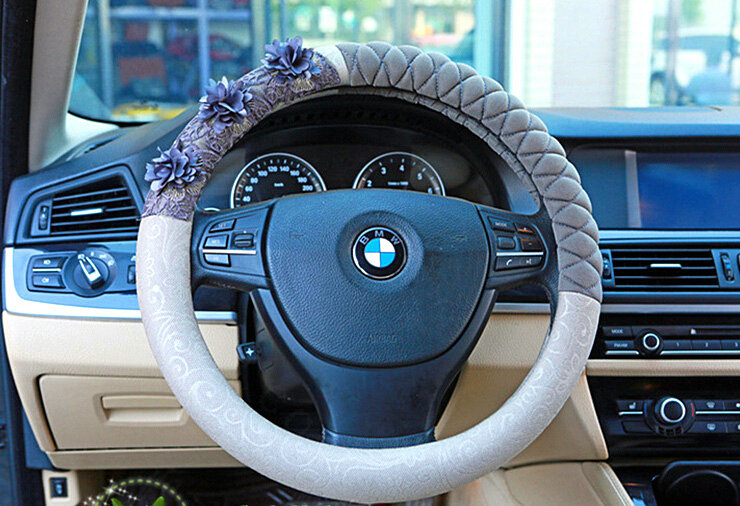 Camellia Car Steering Wheel Cover Bud Silk Fiber Cloth 15 Inch 38CM - Grey