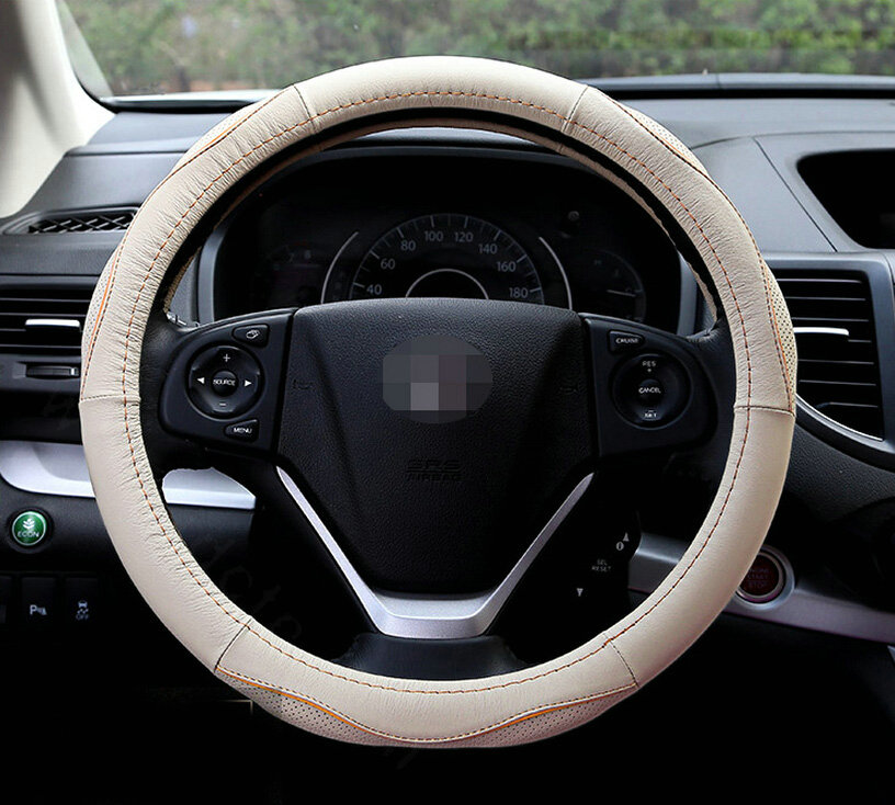 Cheap Car Steering Wheel Covers Genuine Leather 15 Inch 38CM - Beige