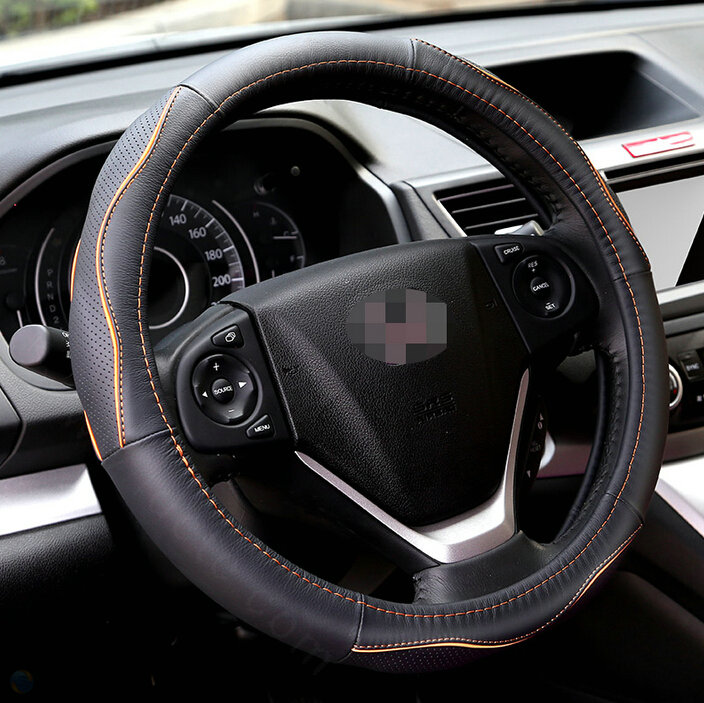 Cheap Car Steering Wheel Covers Genuine Leather 15 Inch 38CM - Black Orange