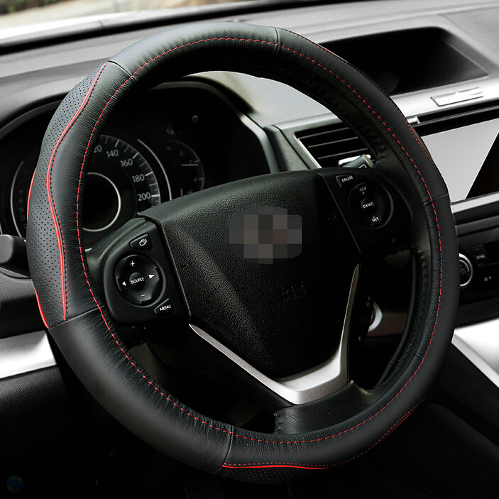 Cheap Car Steering Wheel Covers Genuine Leather 15 Inch 38CM - Black Red
