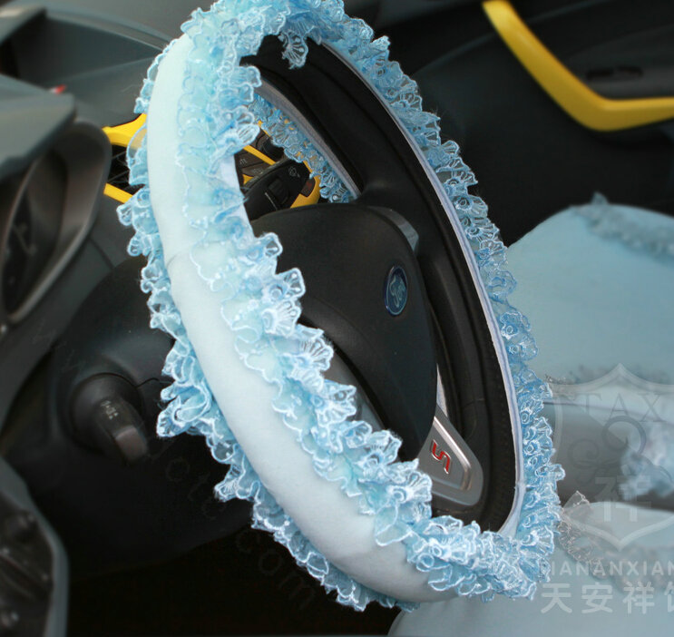 Cheap Floral Lace Car Steering Wheel Cover Bud Silk Fiber Cloth 15 Inch 38CM - Blue