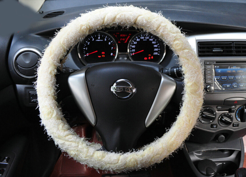 Cheap Lace Car Steering Wheel Cover Bud Silk Fiber Cloth 15 Inch 38CM - Beige