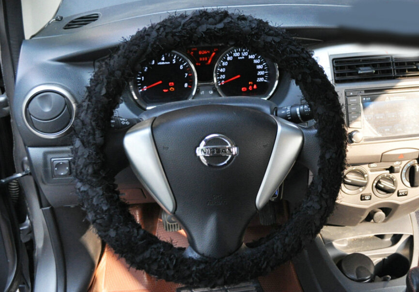 Cheap Lace Car Steering Wheel Cover Bud Silk Fiber Cloth 15 Inch 38CM - Black