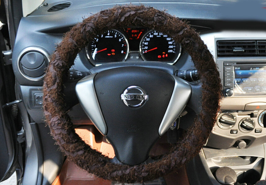 Cheap Lace Car Steering Wheel Cover Bud Silk Fiber Cloth 15 Inch 38CM - Brown