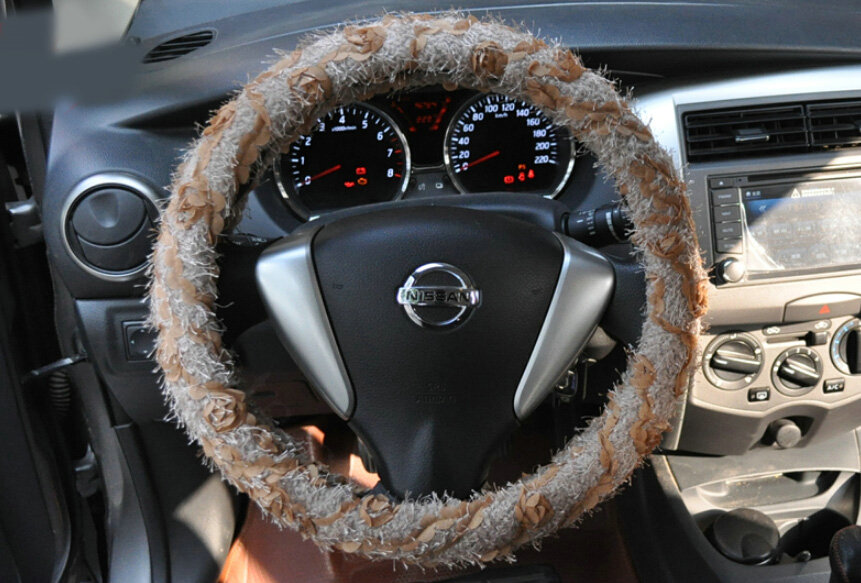 Cheap Lace Car Steering Wheel Cover Bud Silk Fiber Cloth 15 Inch 38CM - Grey