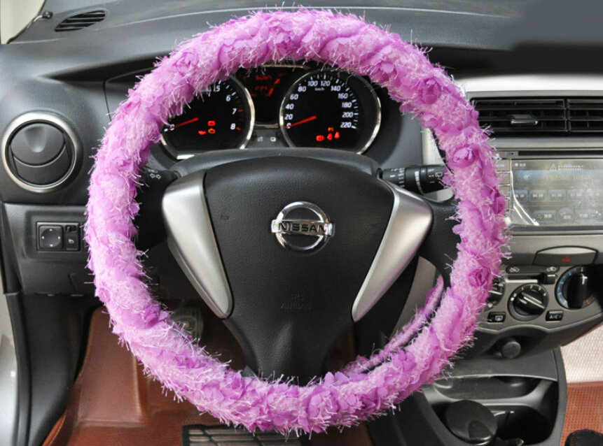 Cheap Lace Car Steering Wheel Cover Bud Silk Fiber Cloth 15 Inch 38CM - Purple