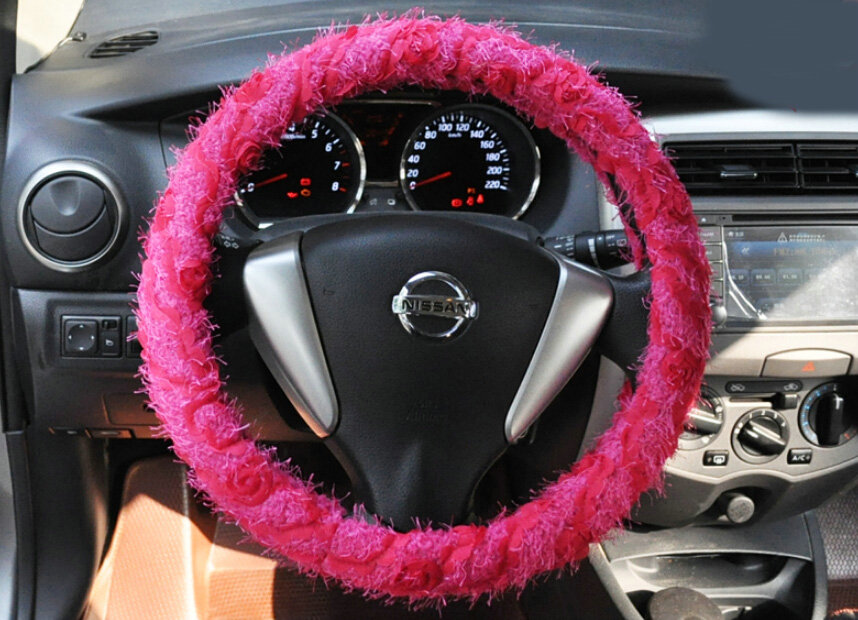 Cheap Lace Car Steering Wheel Cover Bud Silk Fiber Cloth 15 Inch 38CM - Red