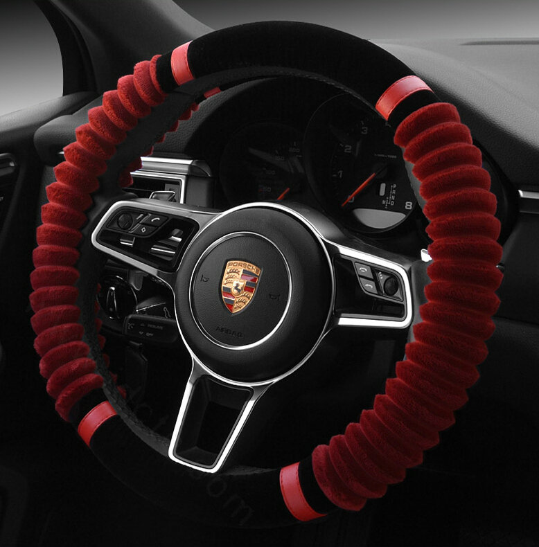 Cheaper Car Steering Wheel Wrap Velvet 15 Inch 38CM - Black Red