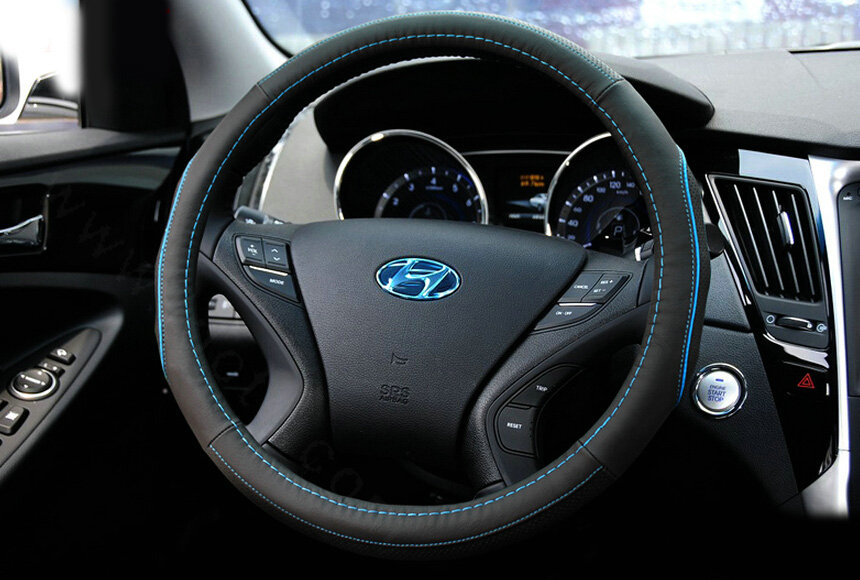 Classic Auto Steering Wheels Covers Cowhide Genuine Leather 15 Inch 38CM - Black Blue