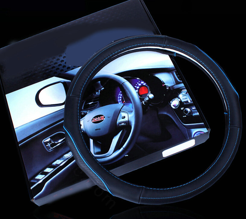 Classic Auto Steering Wheels Covers Cowhide Genuine Leather 15 Inch 38CM - Black Blue