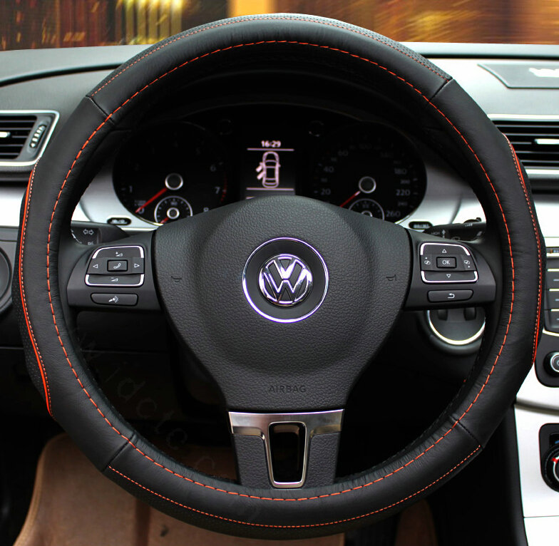 Classic Auto Steering Wheels Covers Cowhide Genuine Leather 15 Inch 38CM - Black Orange