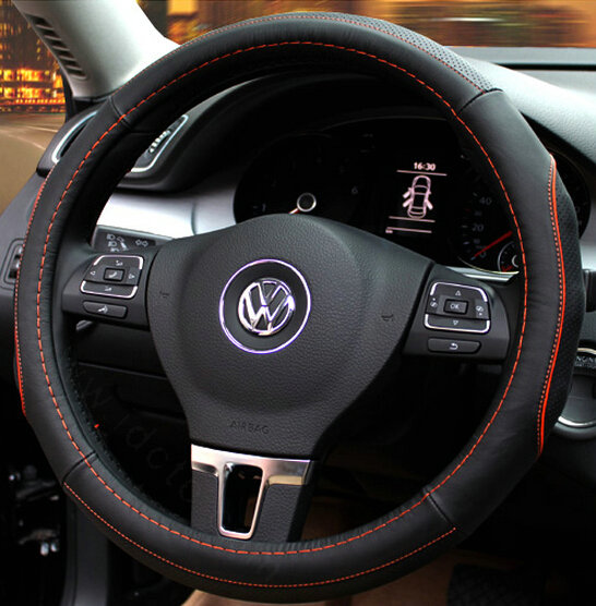 Classic Auto Steering Wheels Covers Cowhide Genuine Leather 15 Inch 38CM - Black Orange