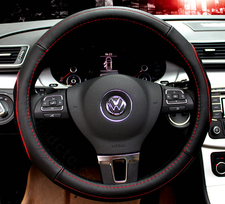 Classic Auto Steering Wheels Covers Cowhide Genuine Leather 15 Inch 38CM - Black Red