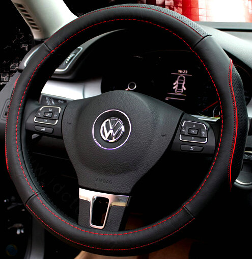 Classic Auto Steering Wheels Covers Cowhide Genuine Leather 15 Inch 38CM - Black Red