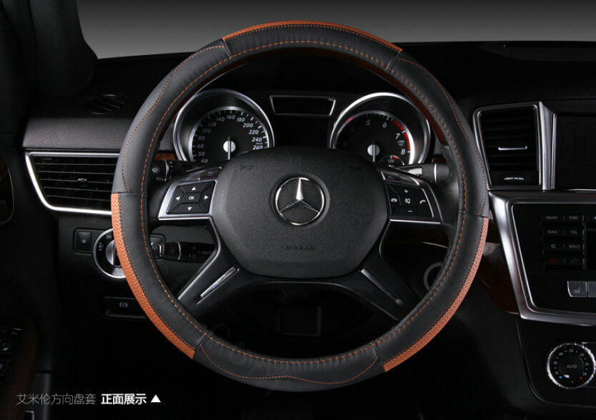 Classic Car Steering Wheel Wrap Genuine Leather 15 Inch 38CM - Black Orange
