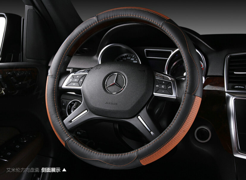 Classic Car Steering Wheel Wrap Genuine Leather 15 Inch 38CM - Black Orange
