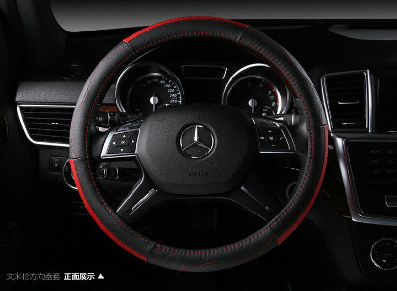 Classic Car Steering Wheel Wrap Genuine Leather 15 Inch 38CM - Black Red