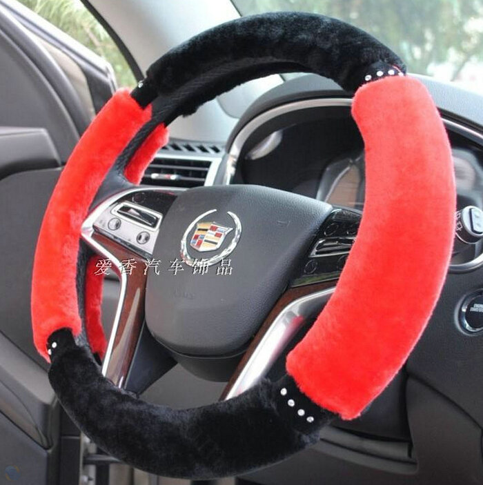 Classic Diamond Car Steering Wheel Wrap Velvet 15 Inch 38CM - Black Red