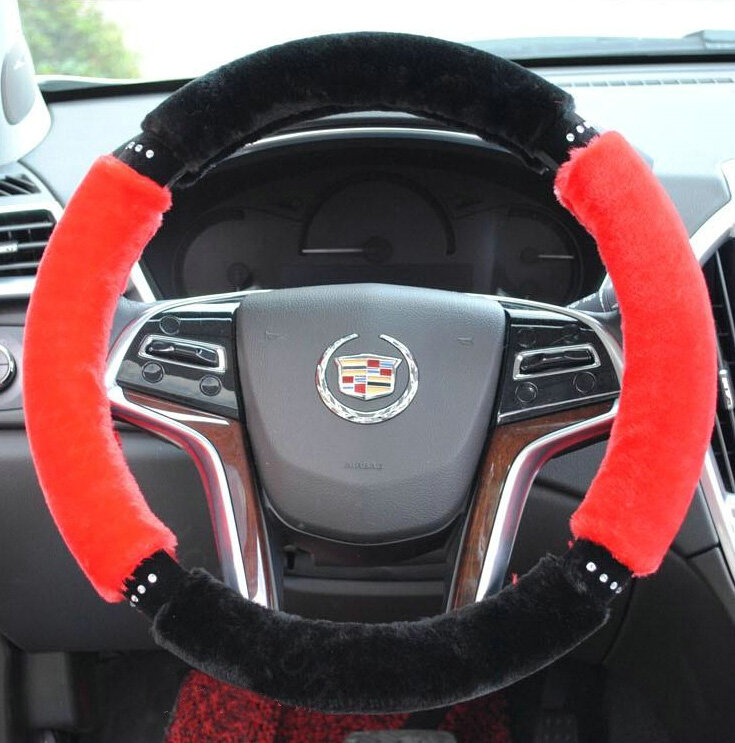 Classic Diamond Car Steering Wheel Wrap Velvet 15 Inch 38CM - Black Red