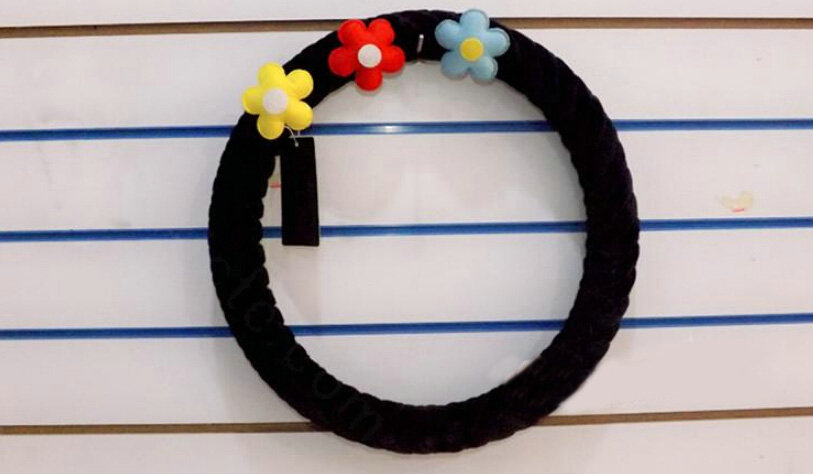 Color Camellia Car Steering Wheel Covers Velvet 15 Inch 38CM - Black