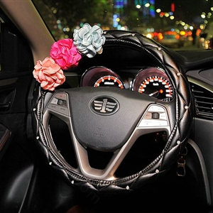 Color Camellia Diamond Car Steering Wheel Covers Genuine Leather 15 Inch 38CM - Black