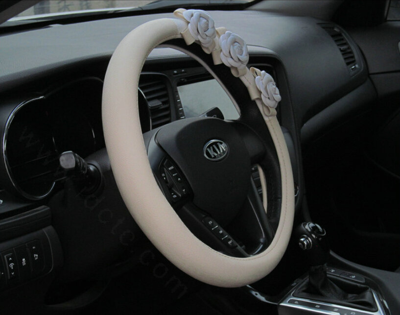 Cool Camellia Car Steering Wheel Wrap PU Leather 15 Inch 38CM - Beige