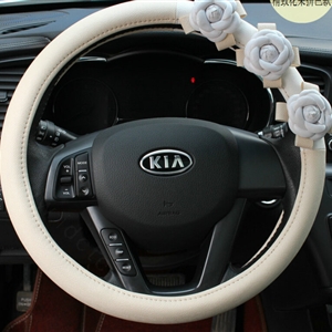 Cool Camellia Car Steering Wheel Wrap PU Leather 15 Inch 38CM - Beige