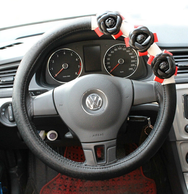 Cool Camellia Car Steering Wheel Wrap PU Leather 15 Inch 38CM - Black