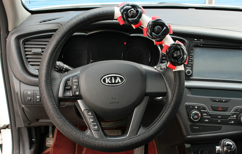 Cool Camellia Car Steering Wheel Wrap PU Leather 15 Inch 38CM - Black