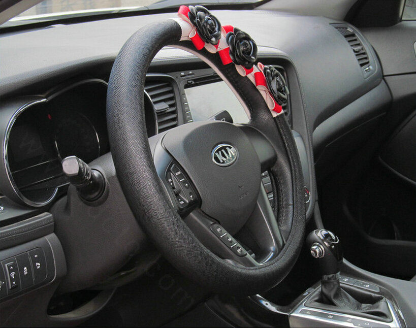 Cool Camellia Car Steering Wheel Wrap PU Leather 15 Inch 38CM - Black