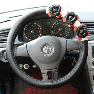 Cool Camellia Car Steering Wheel Wrap PU Leather 15 Inch 38CM - Black