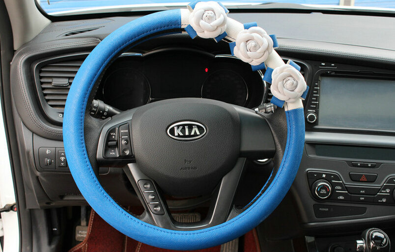 Cool Camellia Car Steering Wheel Wrap PU Leather 15 Inch 38CM - Blue