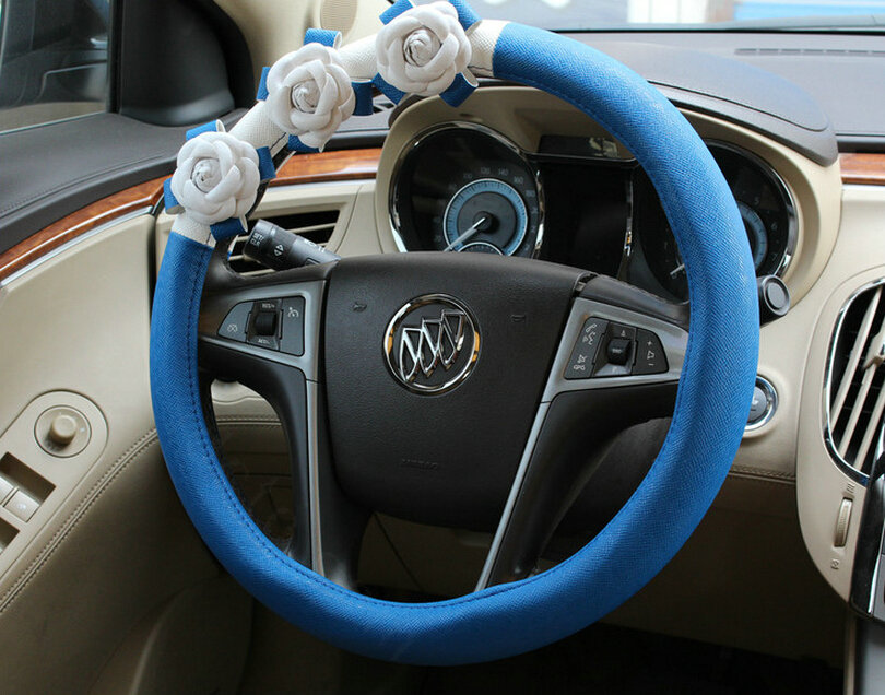 Cool Camellia Car Steering Wheel Wrap PU Leather 15 Inch 38CM - Blue